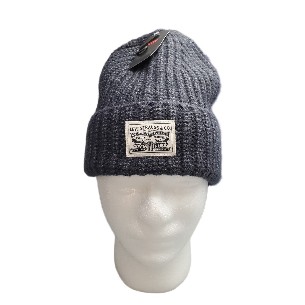 Levi's Chunky Rib Knit Beanie Cap Mens One Size Black Acrylic Blend w/Logo Patch